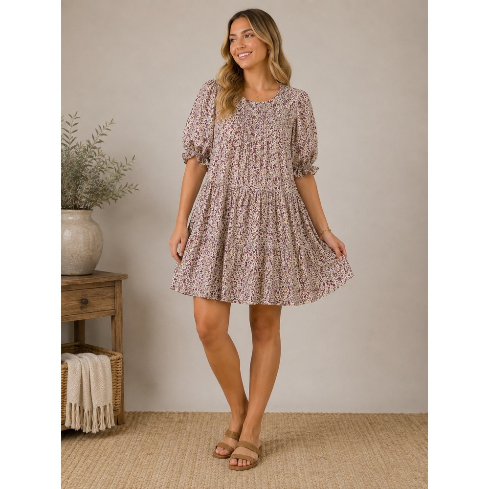 Natural Life Blair Pintuck Floral Mini Dress Autumn Blossom Purple Ditsy L/XL